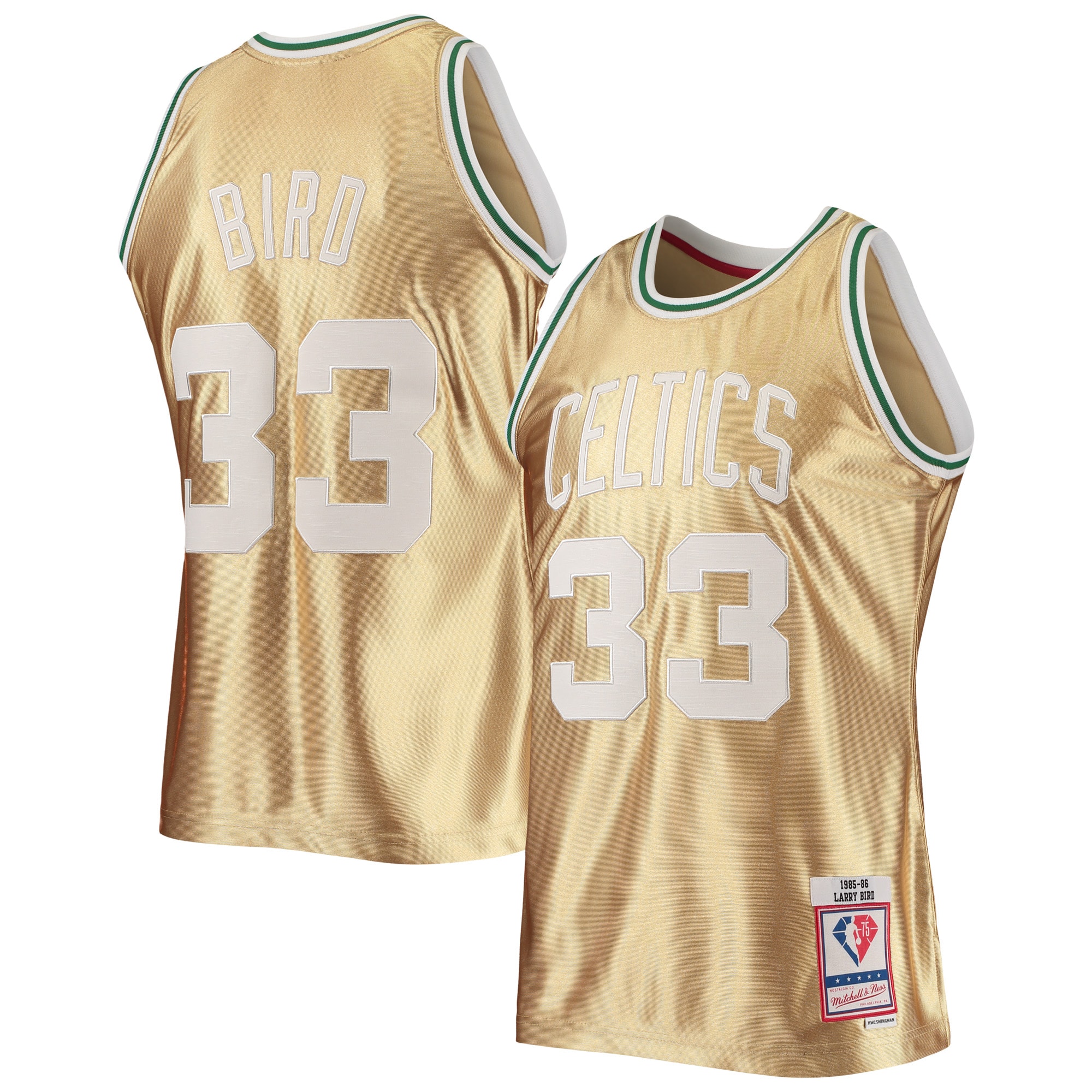 Men's Boston Celtics Larry Bird Gold 75th Anniversary 1985/86 Hardwood Classics Swingman Jersey