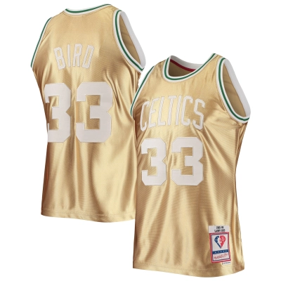 Men's Boston Celtics Larry Bird Gold 75th Anniversary 1985/86 Hardwood Classics Swingman Jersey 01