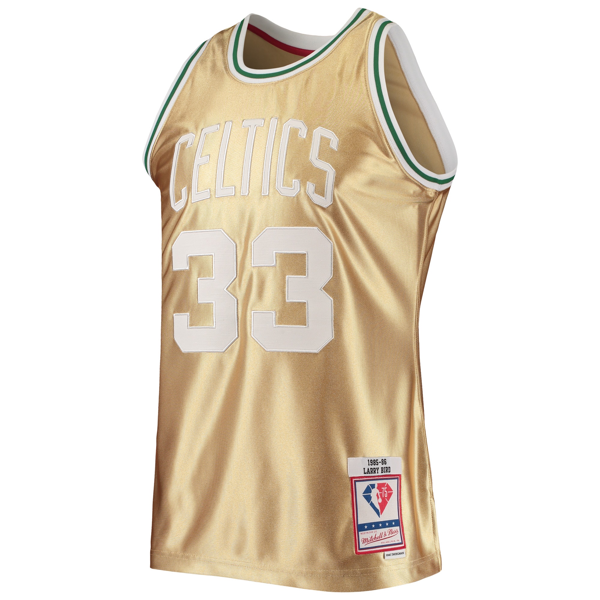Men's Boston Celtics Larry Bird Gold 75th Anniversary 1985/86 Hardwood Classics Swingman Jersey