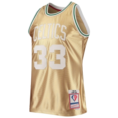 Men's Boston Celtics Larry Bird Gold 75th Anniversary 1985/86 Hardwood Classics Swingman Jersey 02