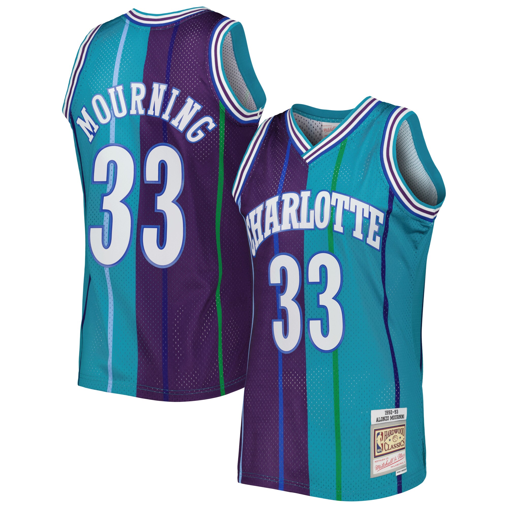 Men's Charlotte Hornets Alonzo Mourning Teal/Purple Hardwood Classics 1992/93 Split Swingman Jersey