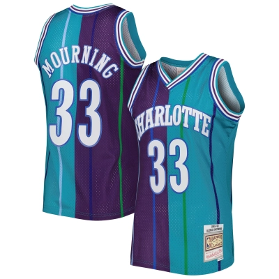 Men's Charlotte Hornets Alonzo Mourning Teal/Purple Hardwood Classics 1992/93 Split Swingman Jersey 01