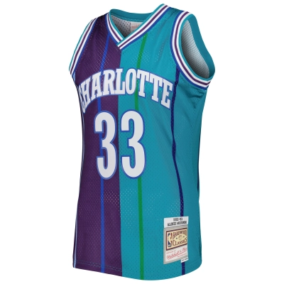 Men's Charlotte Hornets Alonzo Mourning Teal/Purple Hardwood Classics 1992/93 Split Swingman Jersey 02