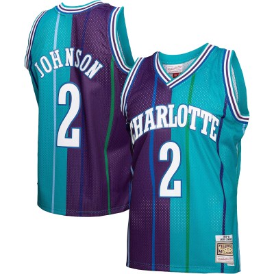 Men's Charlotte Hornets Larry Johnson Teal/Purple Hardwood Classics 1992/93 Split Swingman Jersey 01