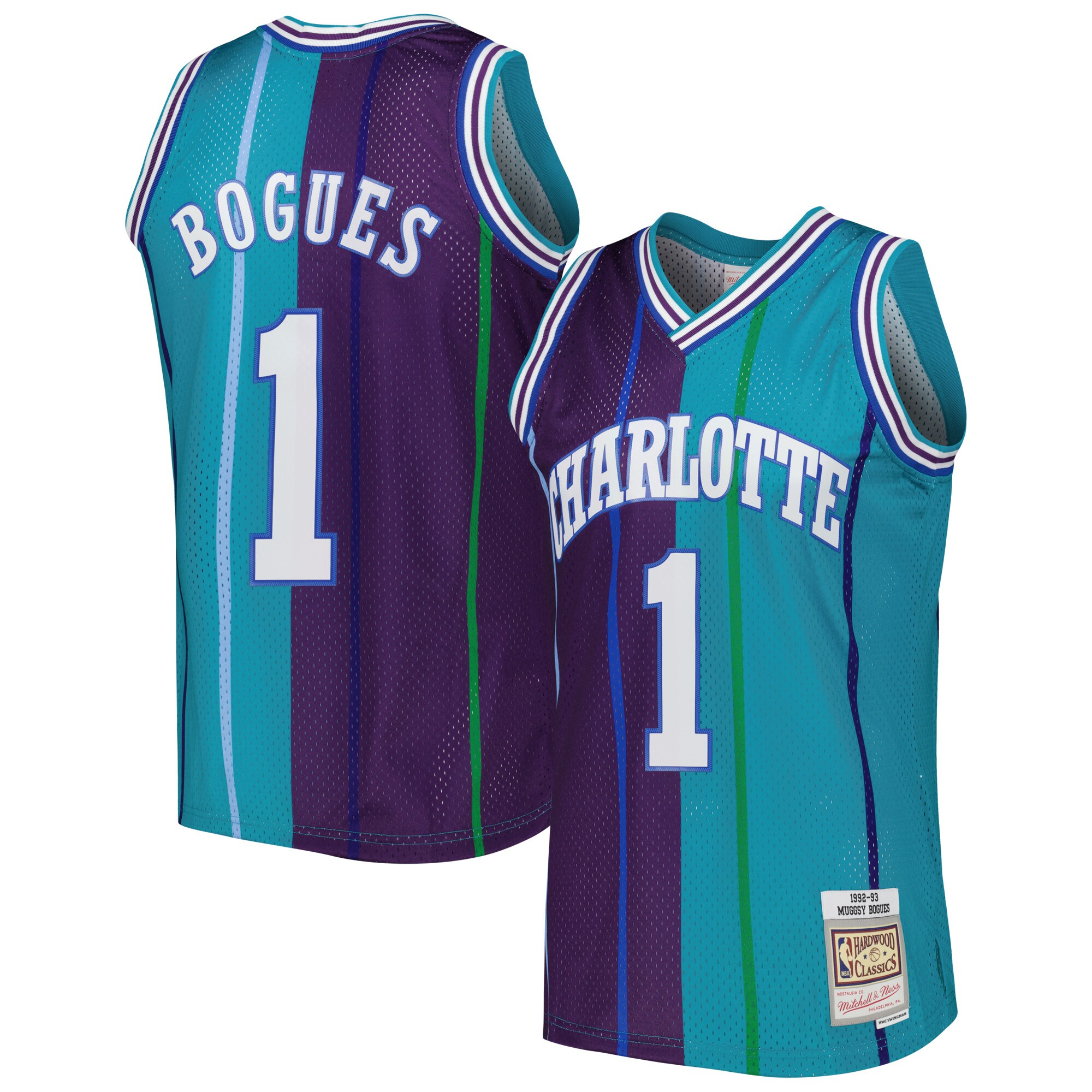 Men's Charlotte Hornets Muggsy Bogues Teal/Purple Hardwood Classics 1992/93 Split Swingman Jersey