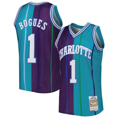 Men's Charlotte Hornets Muggsy Bogues Teal/Purple Hardwood Classics 1992/93 Split Swingman Jersey 01