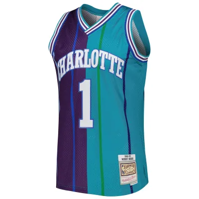 Men's Charlotte Hornets Muggsy Bogues Teal/Purple Hardwood Classics 1992/93 Split Swingman Jersey 02