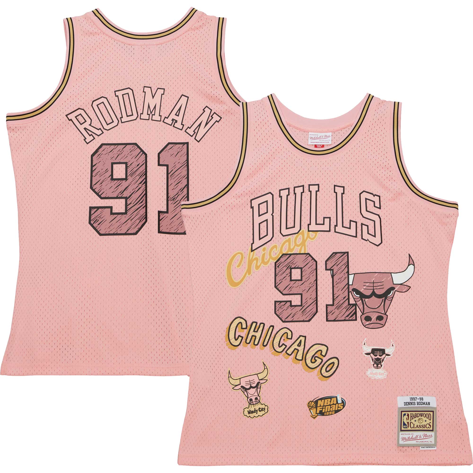 Men's Chicago Bulls Dennis Rodman Pink 1997/98 Swingman Sidewalk Sketch Jersey