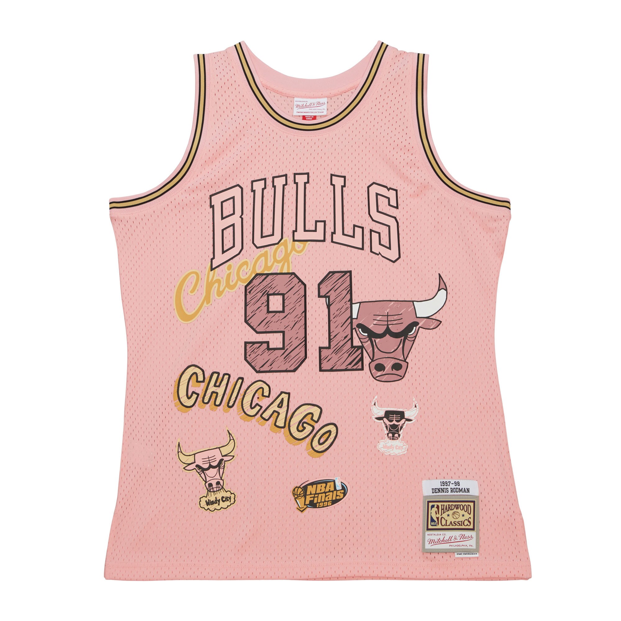 Men's Chicago Bulls Dennis Rodman Pink 1997/98 Swingman Sidewalk Sketch Jersey