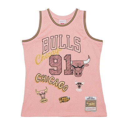 Men's Chicago Bulls Dennis Rodman Pink 1997/98 Swingman Sidewalk Sketch Jersey 02