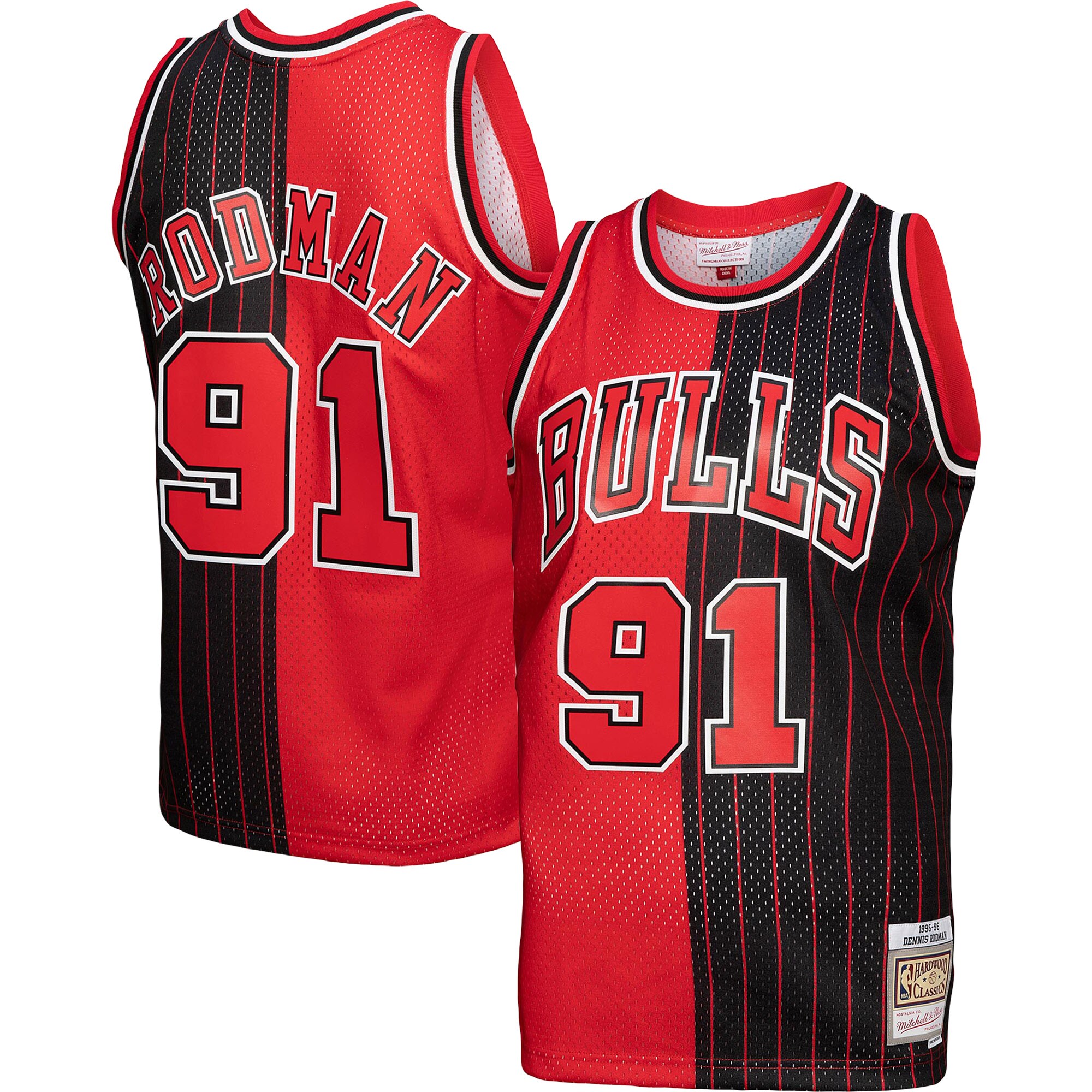 Men's Chicago Bulls Dennis Rodman Red/Black Hardwood Classics 1995/96 Split Swingman Jersey