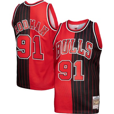 Men's Chicago Bulls Dennis Rodman Red/Black Hardwood Classics 1995/96 Split Swingman Jersey 01