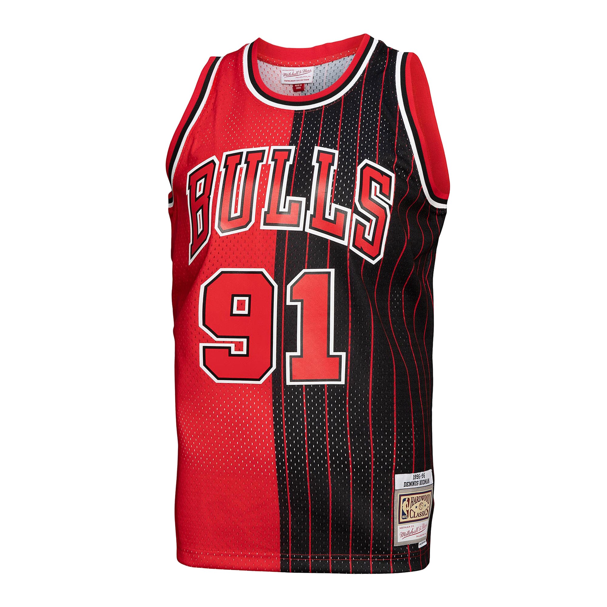 Men's Chicago Bulls Dennis Rodman Red/Black Hardwood Classics 1995/96 Split Swingman Jersey