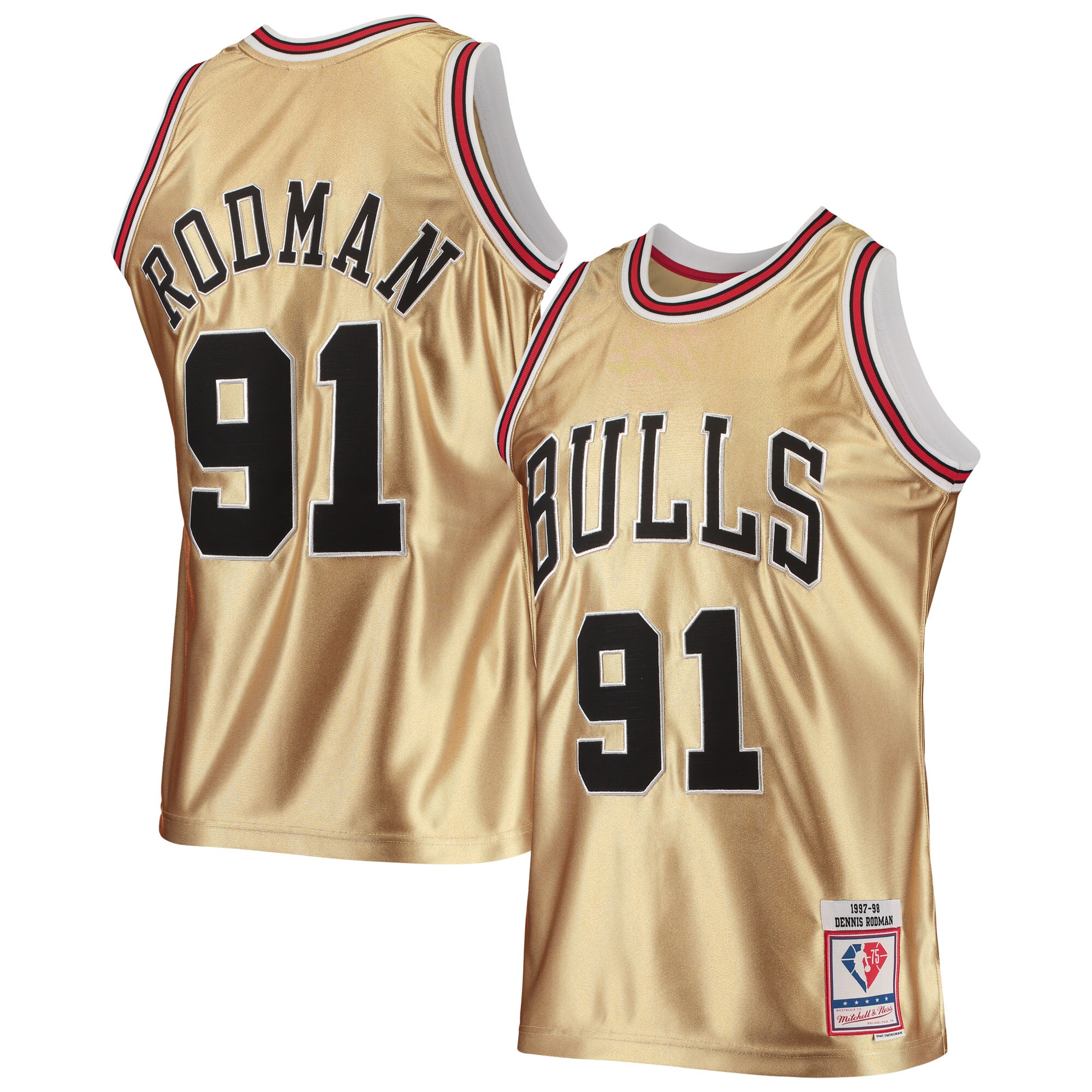Men's Chicago Bulls Dennis Rodman Gold 75th Anniversary 1997/98 Hardwood Classics Swingman Jersey