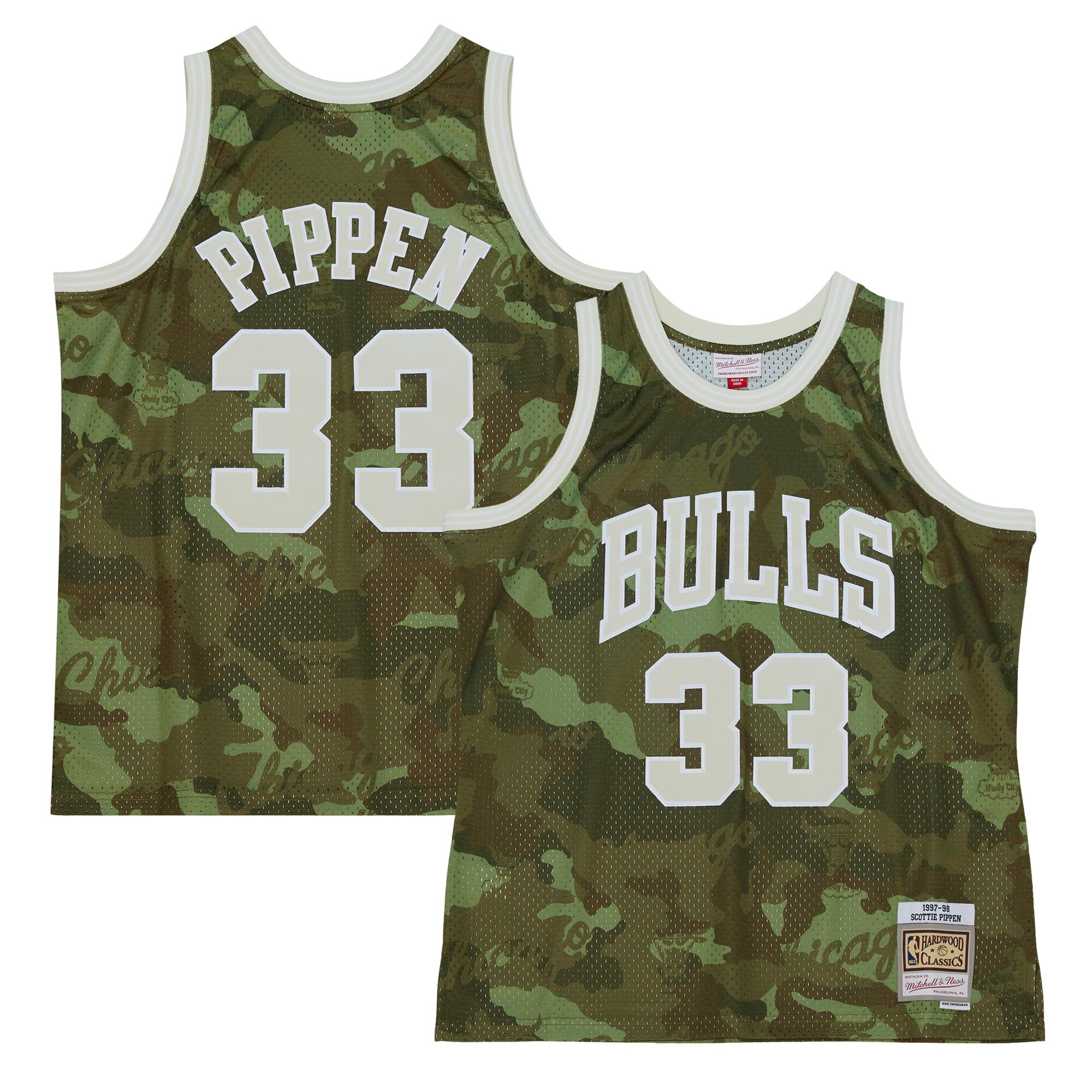 Men's Chicago Bulls Scottie Pippen Camo Hardwood Classics 1997/98 Ghost Green Swingman Jersey