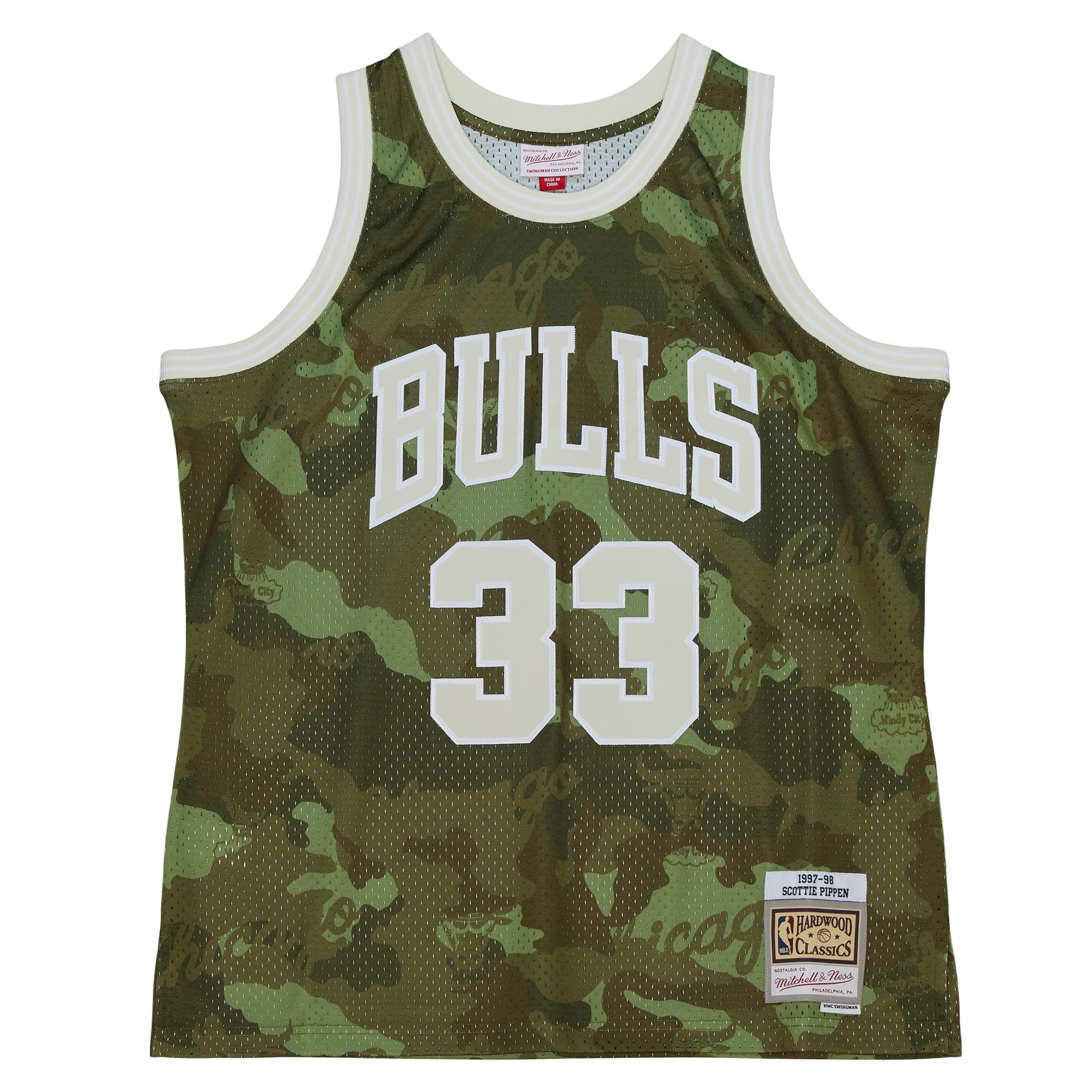 Men's Chicago Bulls Scottie Pippen Camo Hardwood Classics 1997/98 Ghost Green Swingman Jersey