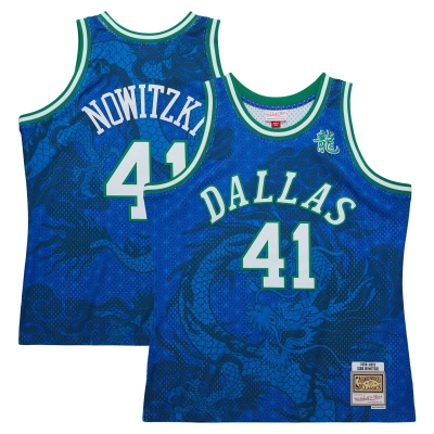 Men's Dallas Mavericks Dirk Nowitzki Blue 1998-2019 Hardwood Classics Asian Heritage 6.0 Swingman Throwback Player Jersey 01