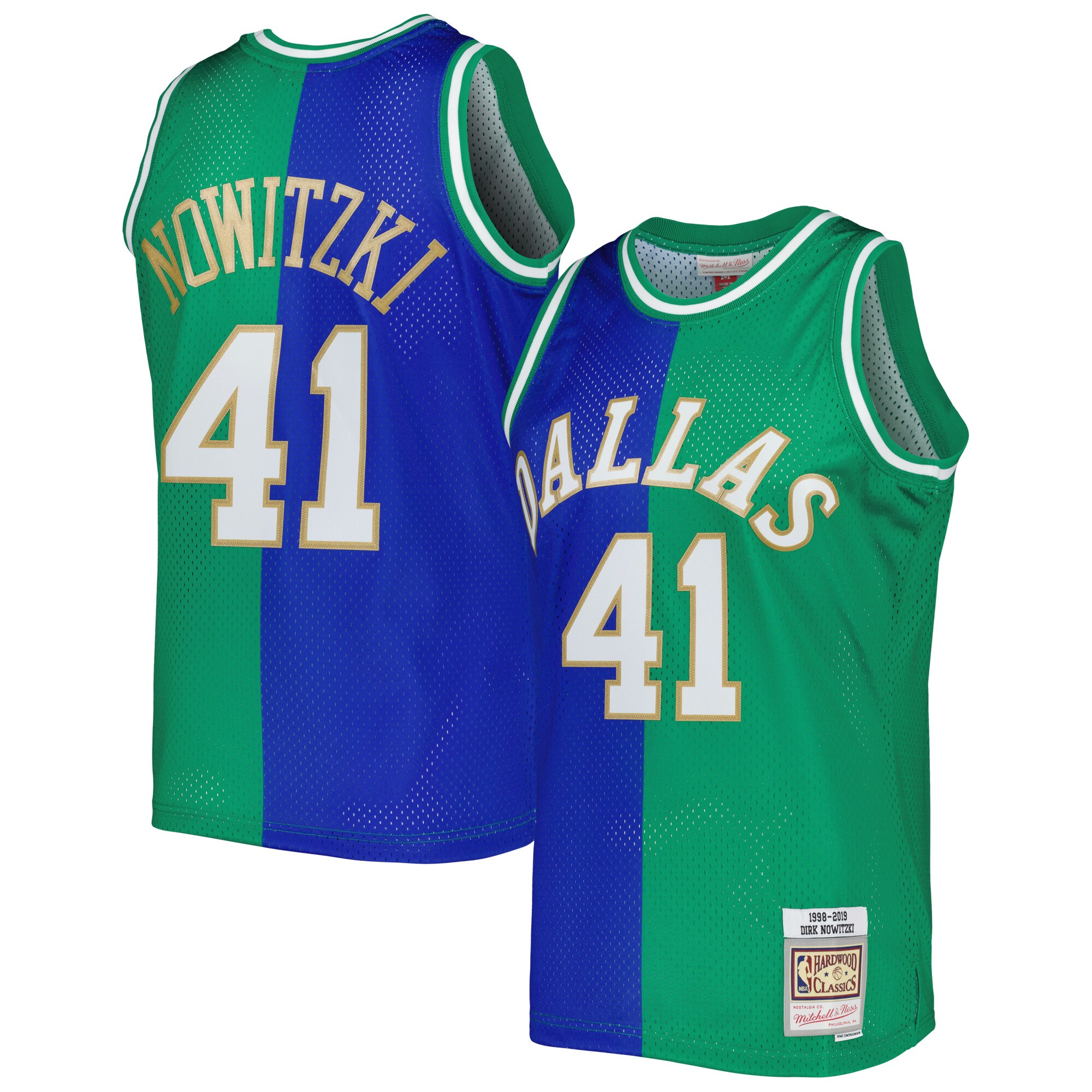 Men's Dallas Mavericks Dirk Nowitzki Blue/Green Hardwood Classics 1998/2019 Split Swingman Jersey