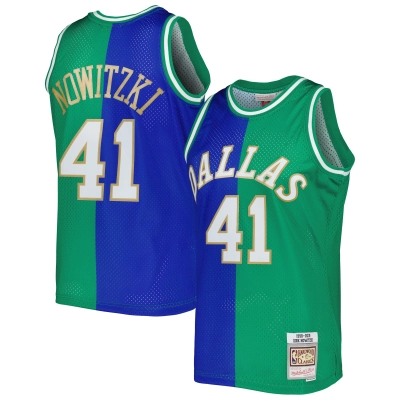Men's Dallas Mavericks Dirk Nowitzki Blue/Green Hardwood Classics 1998/2019 Split Swingman Jersey 01
