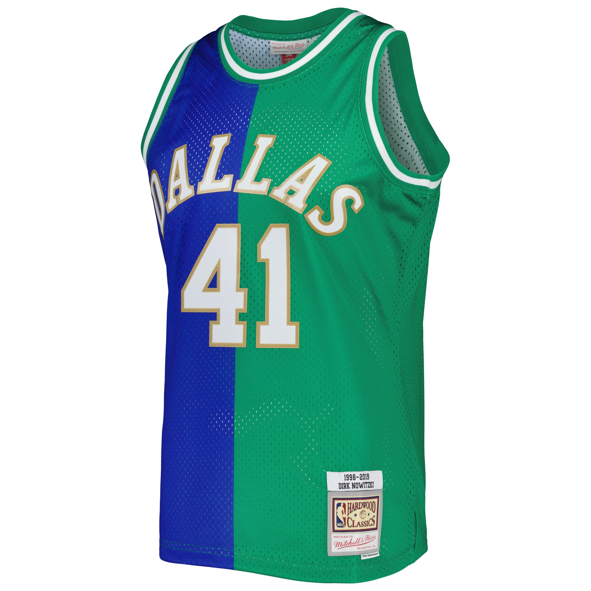 Men's Dallas Mavericks Dirk Nowitzki Blue/Green Hardwood Classics 1998/2019 Split Swingman Jersey