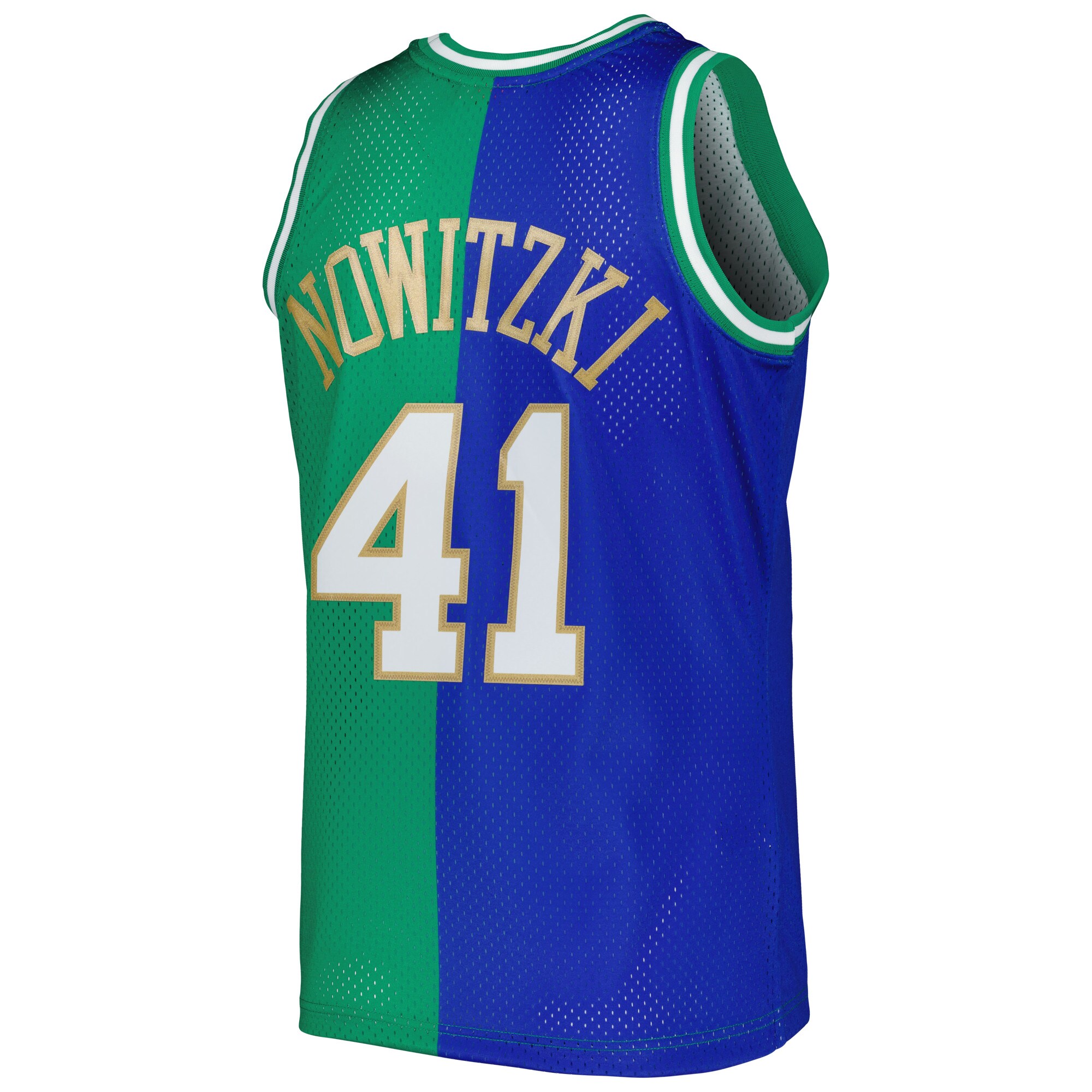 Men's Dallas Mavericks Dirk Nowitzki Blue/Green Hardwood Classics 1998/2019 Split Swingman Jersey