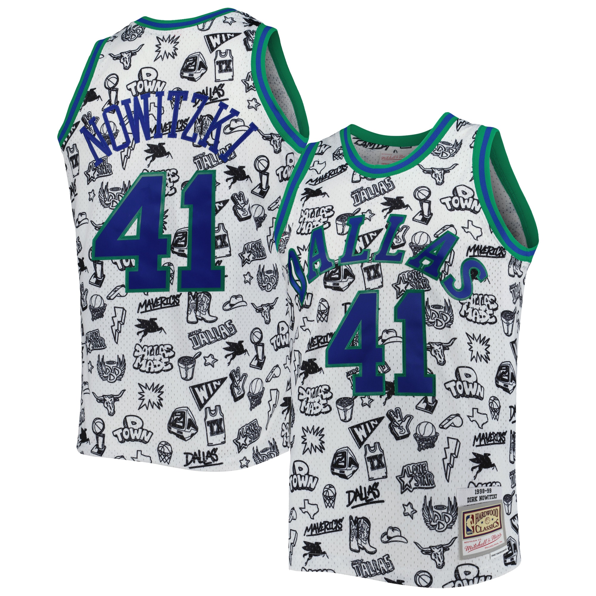 Men's Dallas Mavericks Dirk Nowitzki White 1998/99 Hardwood Classics Doodle Swingman Jersey