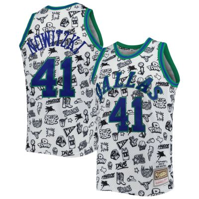 Men's Dallas Mavericks Dirk Nowitzki White 1998/99 Hardwood Classics Doodle Swingman Jersey 01