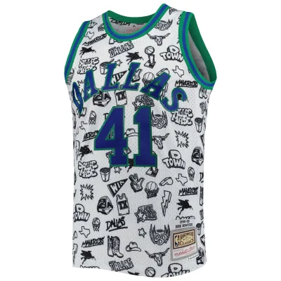 Men's Dallas Mavericks Dirk Nowitzki White 1998/99 Hardwood Classics Doodle Swingman Jersey 02