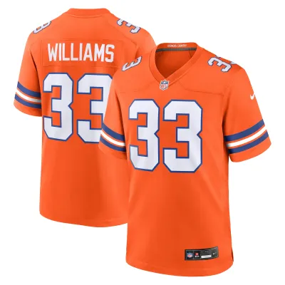 Men's Denver Broncos Javonte Williams Orange Mile High Collection 1977 Throwback Player Game Jersey 01