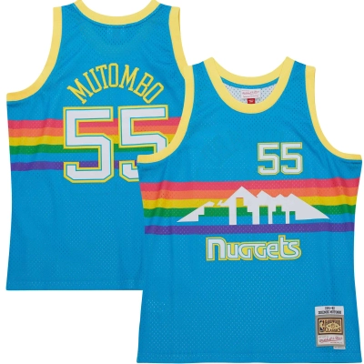 Men's Denver Nuggets Dikembe Mutombo Blue Hardwood Classics 1991/92 Tropical Swingman Jersey 01