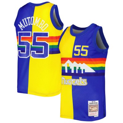 Men's Denver Nuggets Dikembe Mutombo Royal/Gold Hardwood Classics 1991/92 Split Swingman Jersey 01
