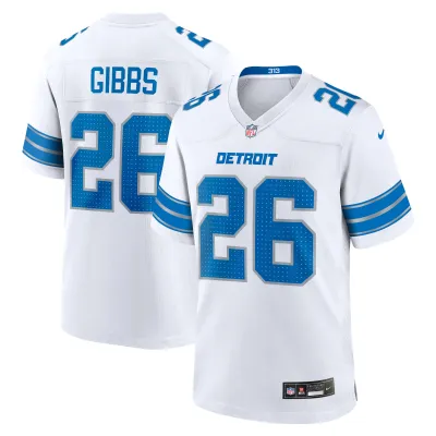Men's Detroit Lions Jahmyr Gibbs White Game Jersey 01