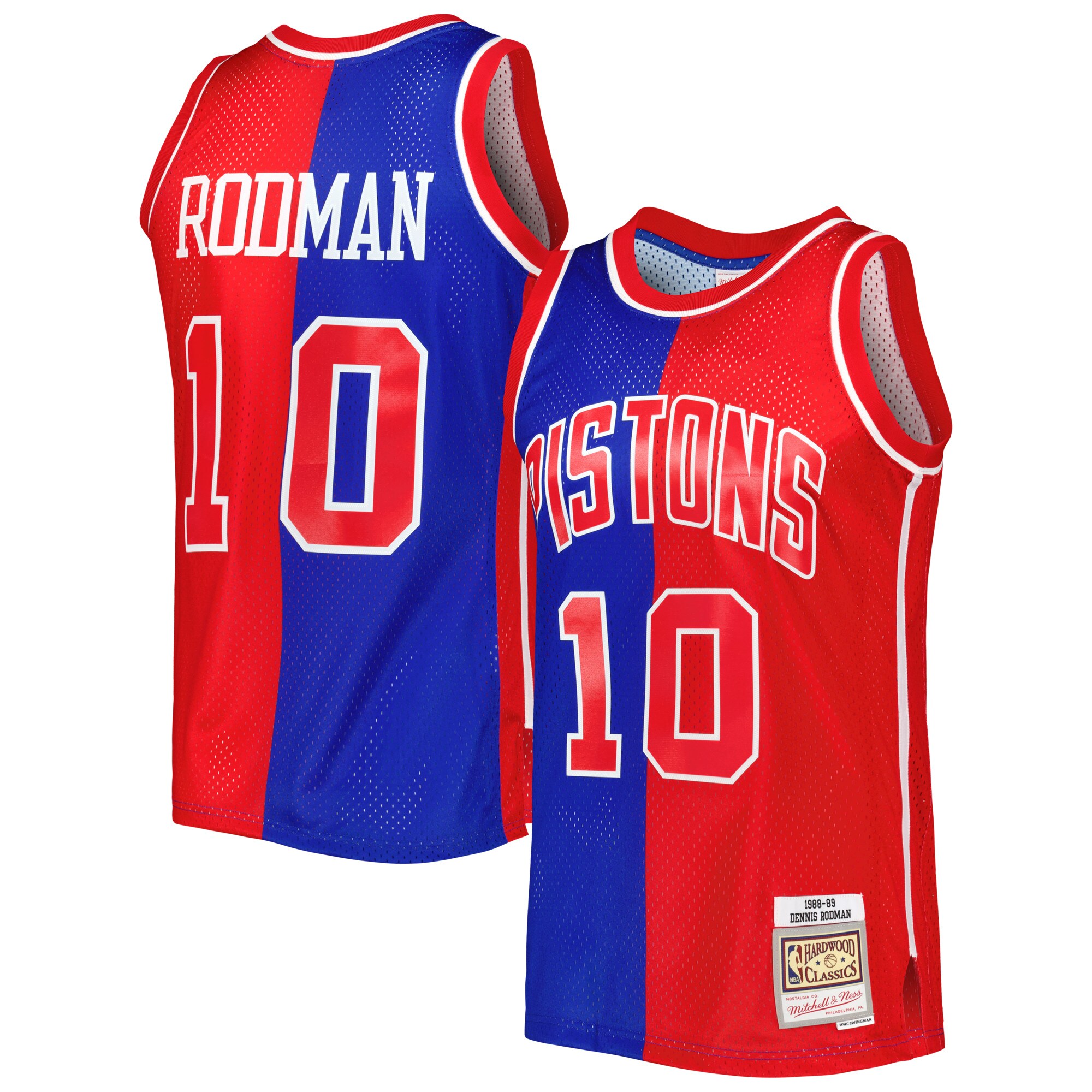 Men's Detroit Pistons Dennis Rodman Blue/Red Hardwood Classics 1988/89 Split Swingman Jersey