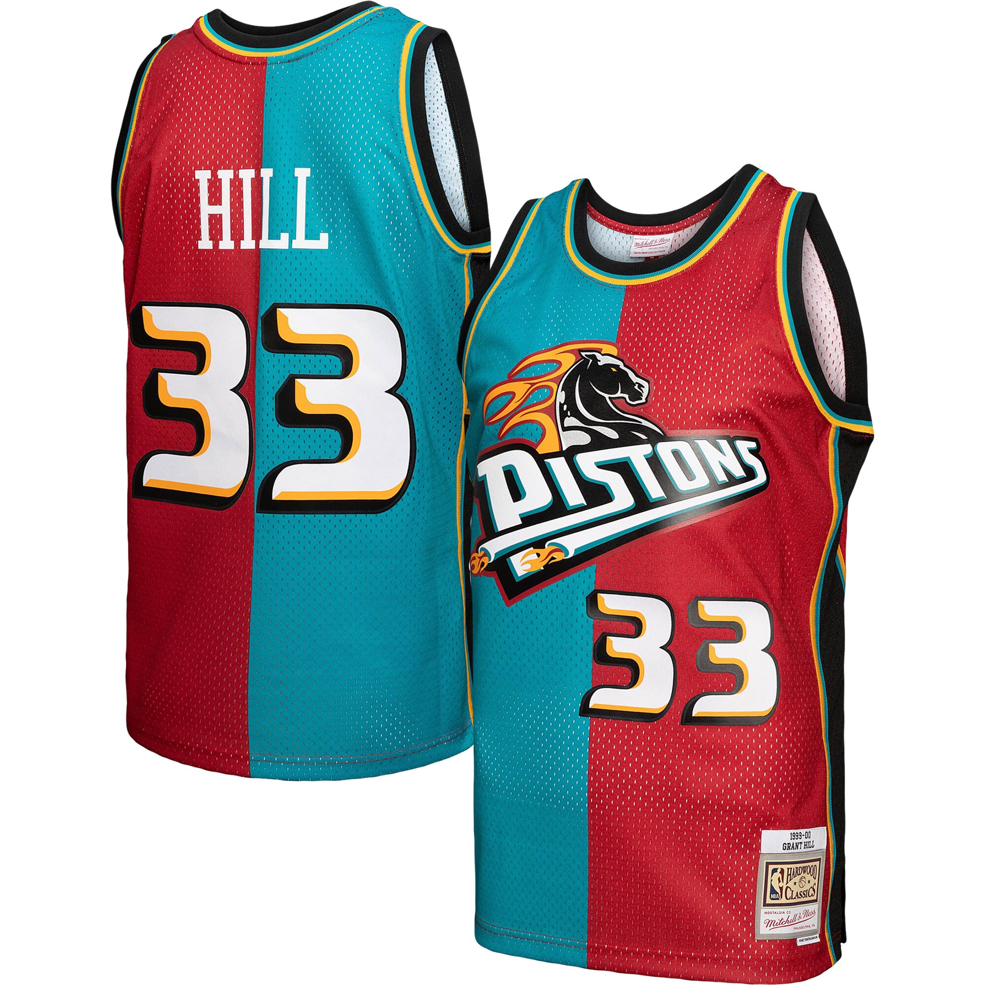 Men's Detroit Pistons Grant Hill Teal/Red Hardwood Classics 1999/00 Split Swingman Jersey