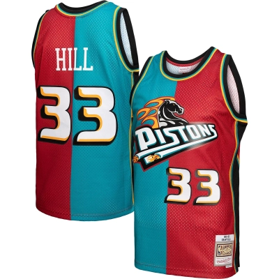 Men's Detroit Pistons Grant Hill Teal/Red Hardwood Classics 1999/00 Split Swingman Jersey 01