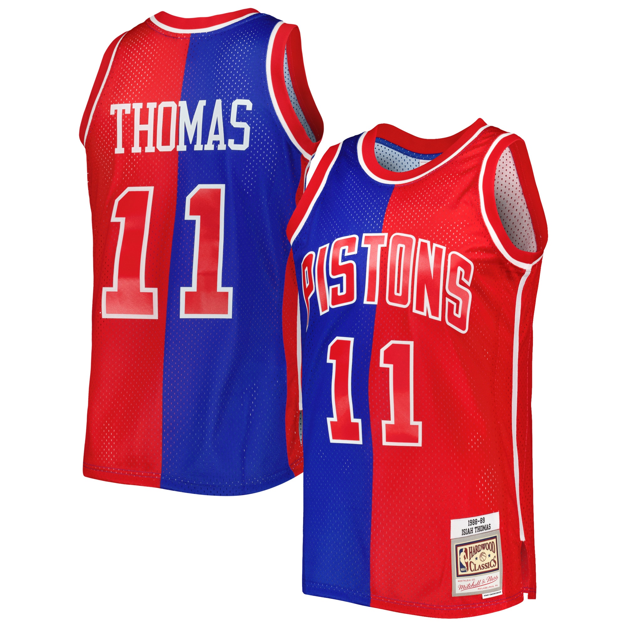 Men's Detroit Pistons Isiah Thomas Blue/Red Hardwood Classics 1988/89 Split Swingman Jersey
