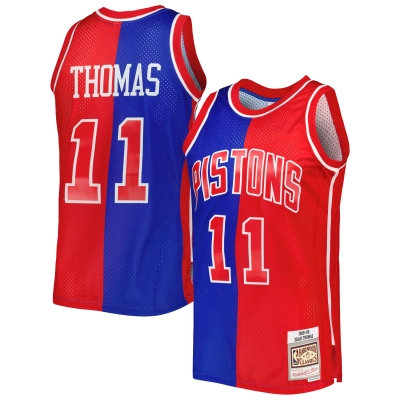 Men's Detroit Pistons Isiah Thomas Blue/Red Hardwood Classics 1988/89 Split Swingman Jersey 01