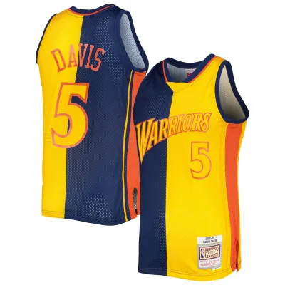 Men's Golden State Warriors Baron Davis Navy/Gold Hardwood Classics 2006/07 Split Swingman Jersey 01