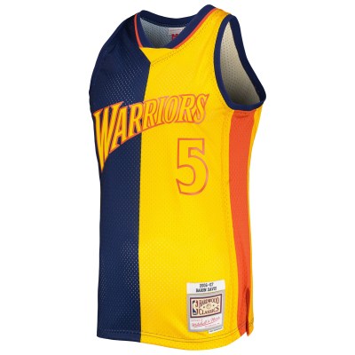 Men's Golden State Warriors Baron Davis Navy/Gold Hardwood Classics 2006/07 Split Swingman Jersey 02