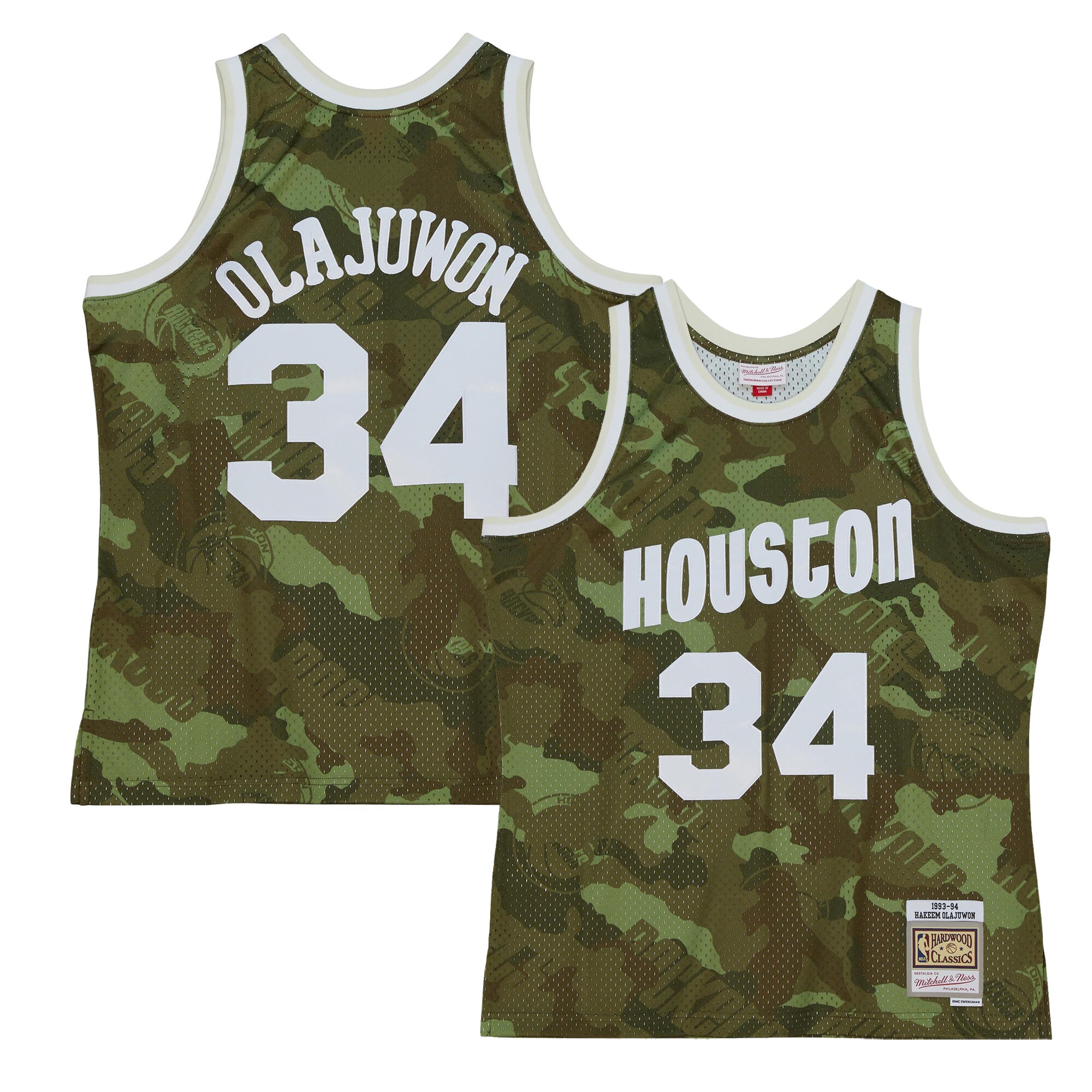 Men's Houston Rockets Hakeem Olajuwon Camo Hardwood Classics 1993/94 Ghost Green Swingman Jersey