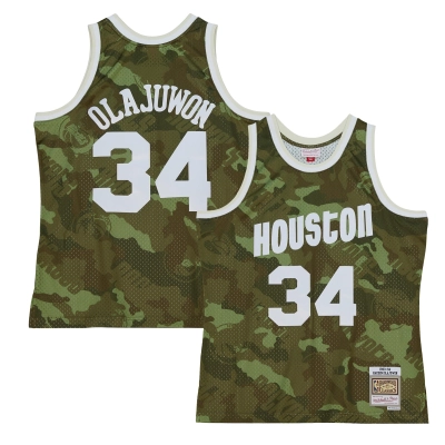 Men's Houston Rockets Hakeem Olajuwon Camo Hardwood Classics 1993/94 Ghost Green Swingman Jersey 01