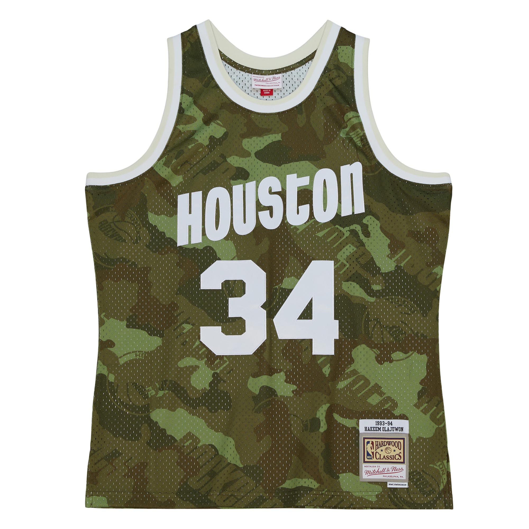 Men's Houston Rockets Hakeem Olajuwon Camo Hardwood Classics 1993/94 Ghost Green Swingman Jersey