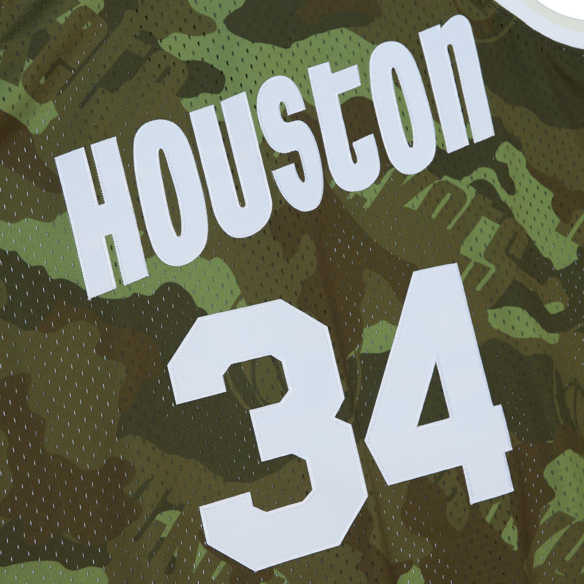 Men's Houston Rockets Hakeem Olajuwon Camo Hardwood Classics 1993/94 Ghost Green Swingman Jersey