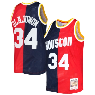 Men's Houston Rockets Hakeem Olajuwon Navy/Red Hardwood Classics 1993/94 Split Swingman Jersey 01