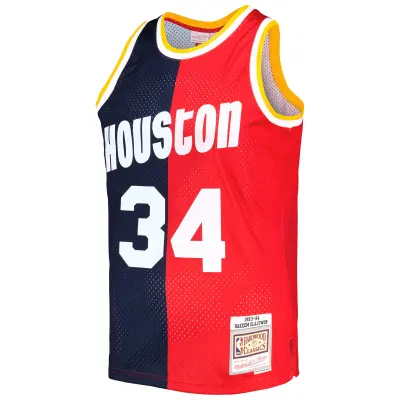 Men's Houston Rockets Hakeem Olajuwon Navy/Red Hardwood Classics 1993/94 Split Swingman Jersey 02