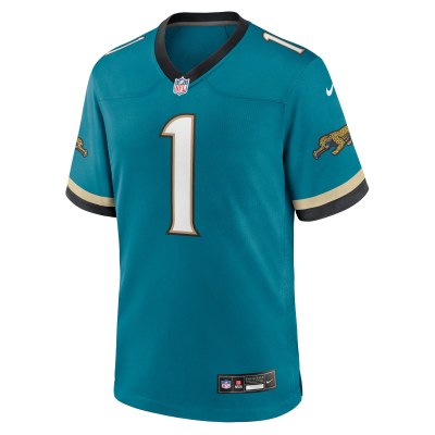 Men's Jacksonville Jaguars Travis Etienne Jr Teal Prowler Throwback Player Game Jersey 02