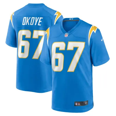 Men's Los Angeles Chargers CJ Okoye Powder Blue Team Game Jersey 01