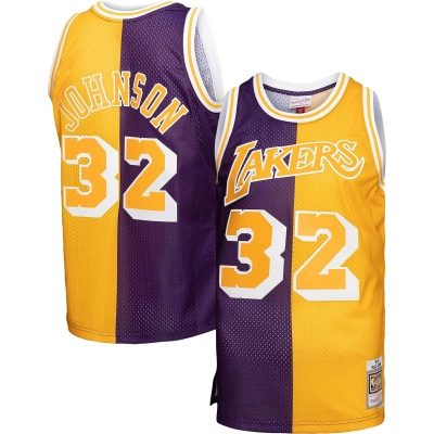 Men's Los Angeles Lakers Purple/Gold Big & Tall Hardwood Classics 1984/85 Split Swingman Jersey 01