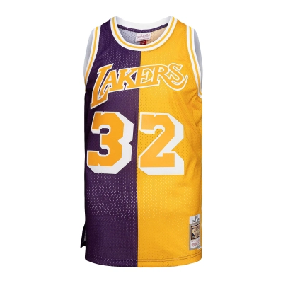 Men's Los Angeles Lakers Purple/Gold Big & Tall Hardwood Classics 1984/85 Split Swingman Jersey 02