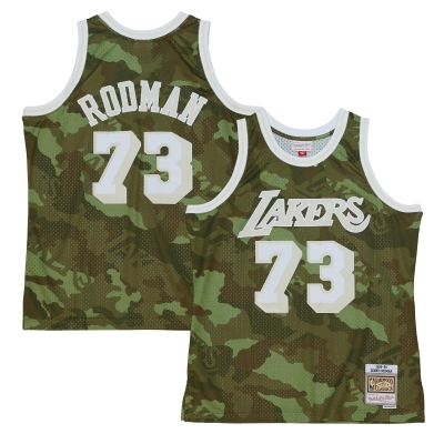 Men's Los Angeles Lakers Dennis Rodman Camo Hardwood Classics 1998/99 Ghost Green Swingman Jersey 01